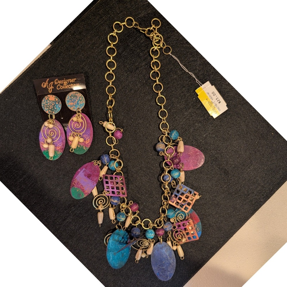 AJ Designer Abstract Geometric Necklace Earring Set Colorful Statement Boho NWT